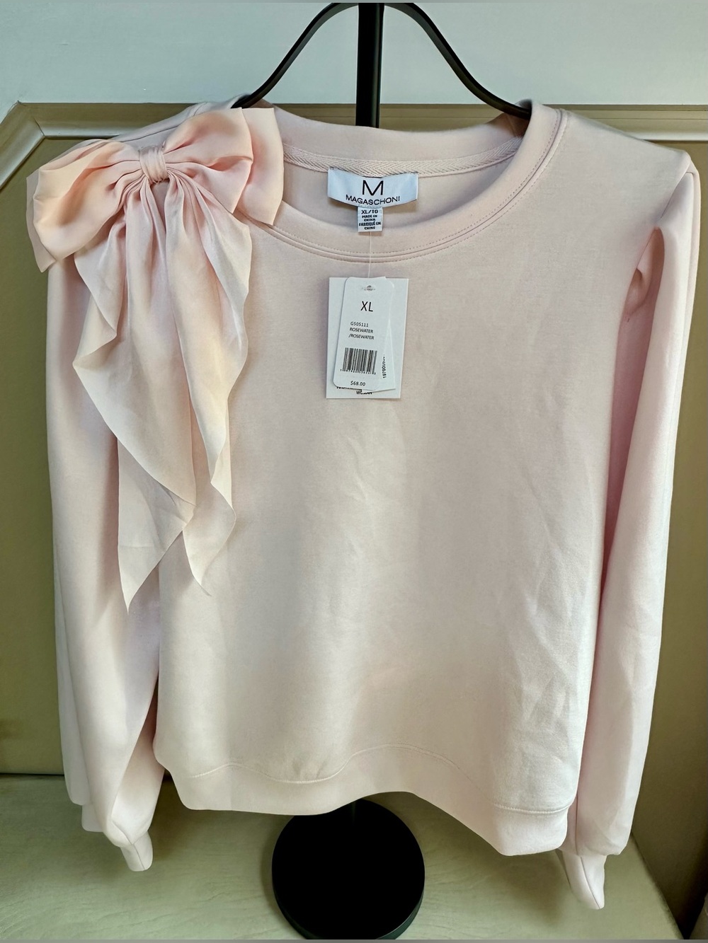 NWT Magaschoni Pink Blush Bow Ruffle Long Sleeve Top Size XL